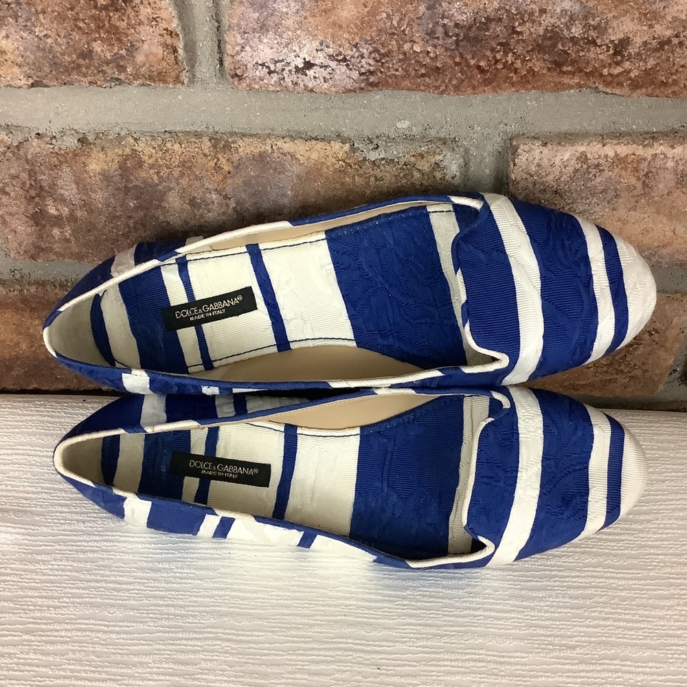 DOLCE & GABBANA Blue/White Stripe Brocade Slip-On Flats - Picture 11 of 16